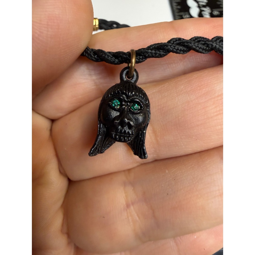 Black Tiki Charm Bracelet Green Rhinestone Eyes Braided Cord Gold Tone Clasp 7in
